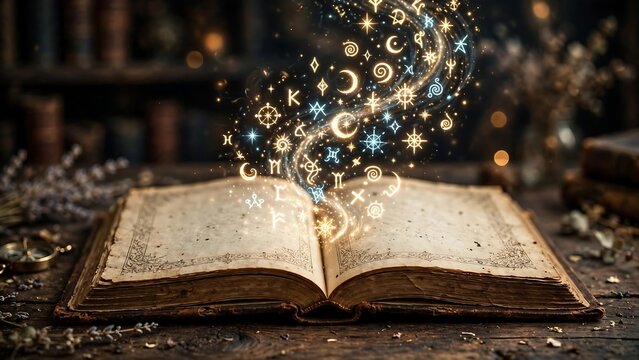 Open Vintage Spellbook with Glowing Astrological Symbols and Zodiac Signs