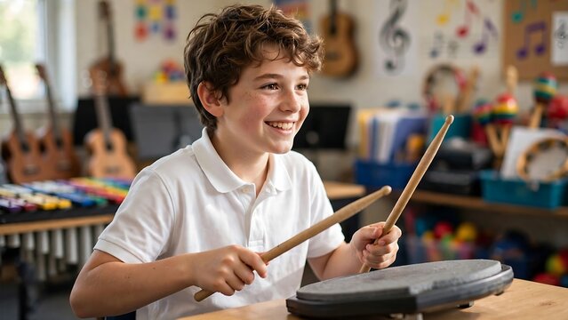 Smiling Young Student Practicing Rhythm with Wooden Drumsticks on Practice Pad