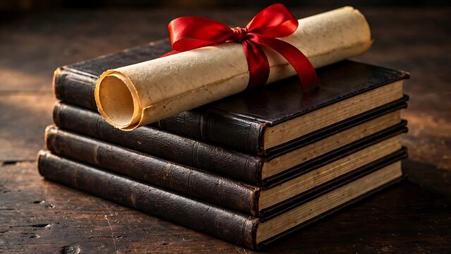 Rolled Parchment Diploma Tied with Red Ribbon on Stack of Antique Books