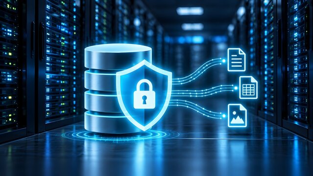 Cybersecurity cloud server storage concept glowing shield protecting digital database and encrypted files in data center