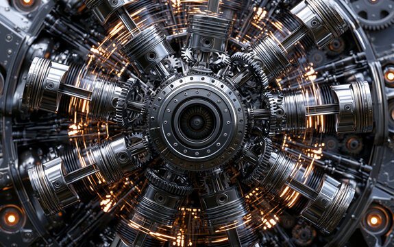 Complex metallic radial engine with pistons and gears rotating in a seamless loop, showcasing the precision and power of industrial engineering technology and advanced mechanical complexity