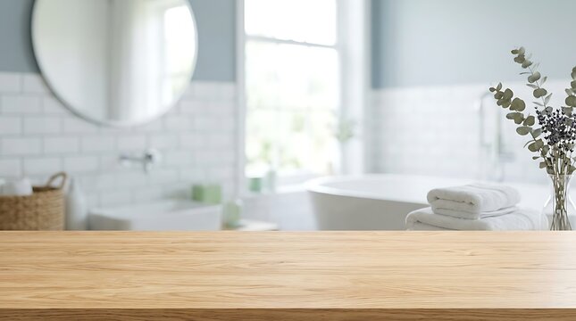Wooden Table Foreground with Blurred Bright Bathroom Interior Background for Beauty and Skincare Product Mockup Display.