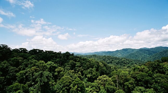 Lush green rainforest canopy stretching across rolling hills under a bright blue sky with scattered clouds