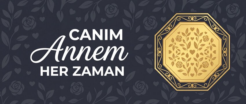 Turkish Mother's Day Greeting Banner with elegant golden ornament and Turkish text Canim Annem Her Zaman on dark floral background, luxury graphic template for Anneler Gunu celebration and love card.