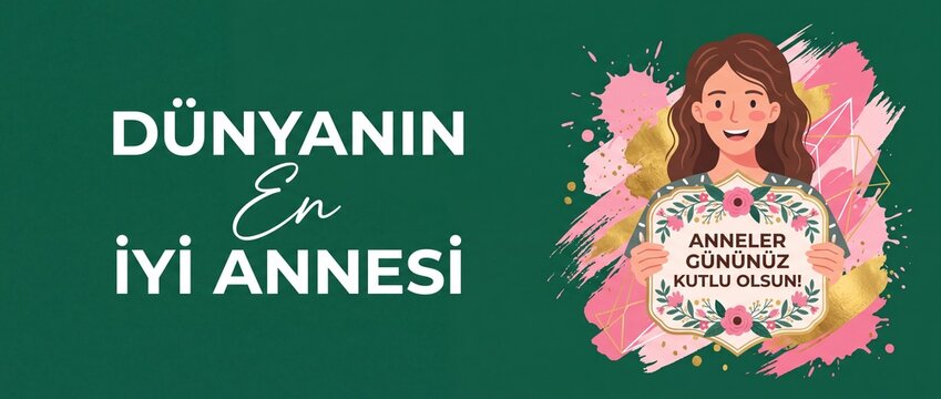 Anneler G&uuml;n&uuml; Banner Turkish Mothers Day greeting card illustration with happy woman holding floral frame, Dunyanin En Iyi Annesi green and pink textured horizontal web banner background.