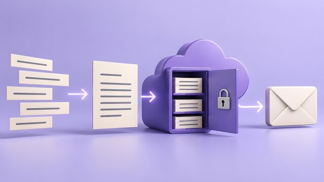 Document Data Transfer Into Secure Cloud Storage Safe And Forwarded To Email For Digital Information Management Concept