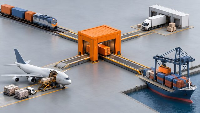 Multimodal global freight transportation hub showing cargo ship airplane train and truck logistics network