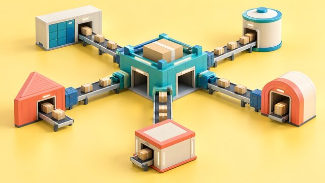 Isometric pastel colored logistics sorting center concept with conveyor belts and automated packaging facilities