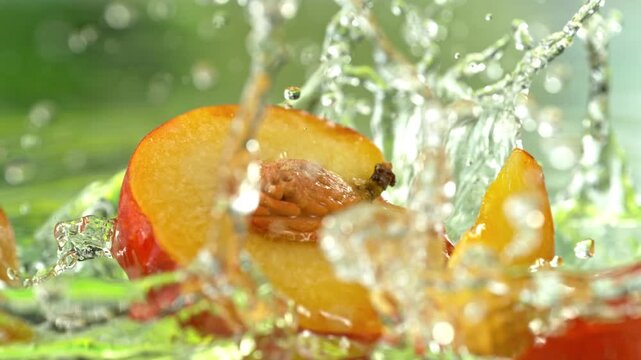 Super Slow Motion Shot of Fresh Peach Cuts Falling into Water and Making Splash at 1000fps.