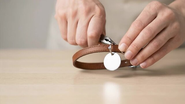 Someone fastens a circular tag onto a dog collar using metal tools