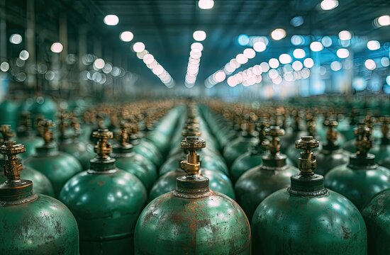 Rows of Industrial Green Gas Cylinders in a Warehouse Storage Facility.