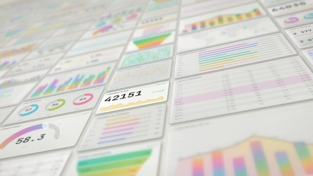Camera gliding over bright analytics report cards with pastel charts and a rising counter
