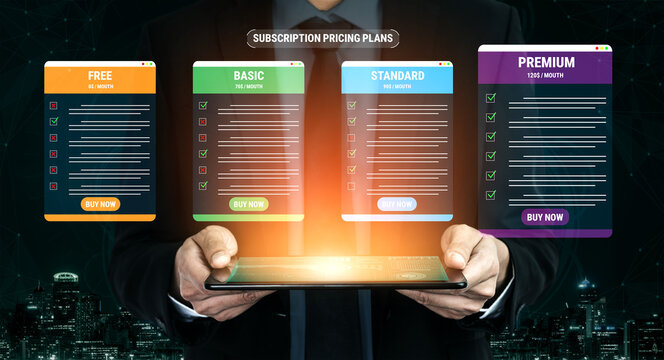 Handsome businessman showcasing subscription pricing plans with vibrant colored options, highlighting features and benefits for potential customers in a modern digital environment. Glyphic.
