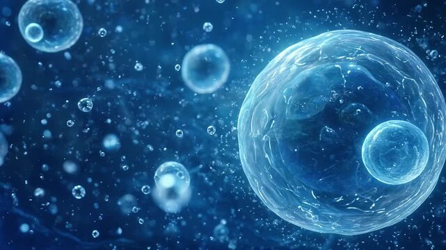 Microscopic view of translucent biological cells and fluid particles floating in a blue aqueous environment for medical research and science
