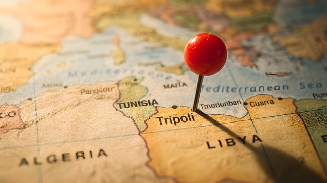 Red pin marking Tripoli, Libya on a vintage world map.