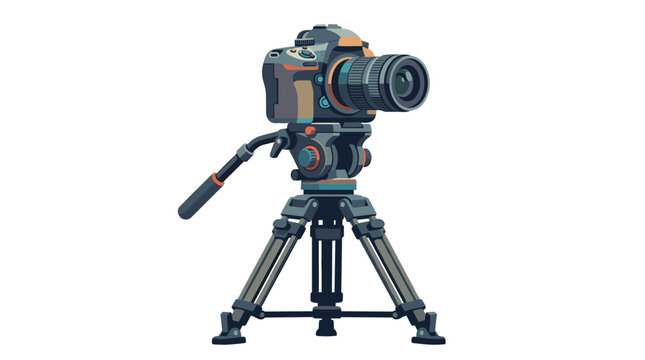 Modern digital SLR camera with lens mounted on a professional tripod isolated on white background illustration