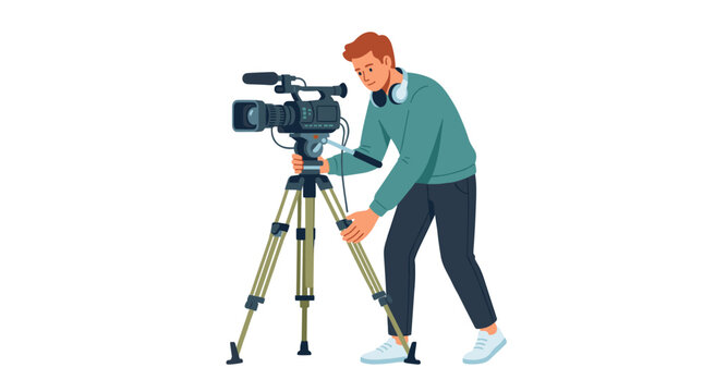 Professional male videographer operating a high-end cinema camera on a tripod, flat vector illustration isolated on white background
