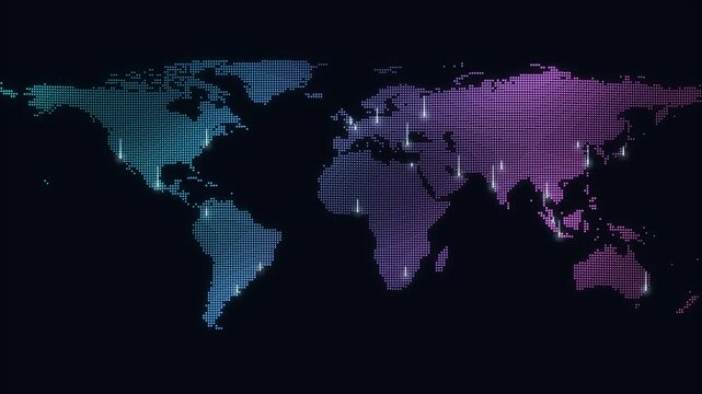 Dotted world map background with white light pulses flashing over cities in blue and magenta