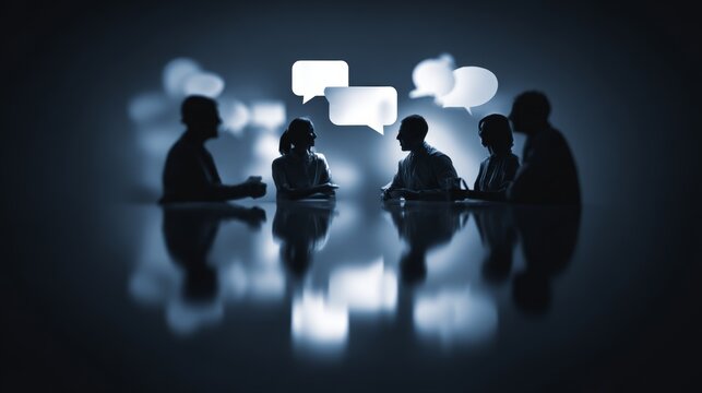People in discussion during a meeting with speech bubbles over their heads indicating communication at a table