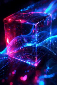 Cyberfuturistic 3D Render of Transparent Glass Cube with Liquid Glow and Holographic Big Data Particle Wave.
