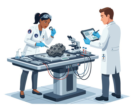 Scientists examining a large meteorite in a laboratory setting.
