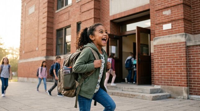 Happy young girl with backpack excited to go to school