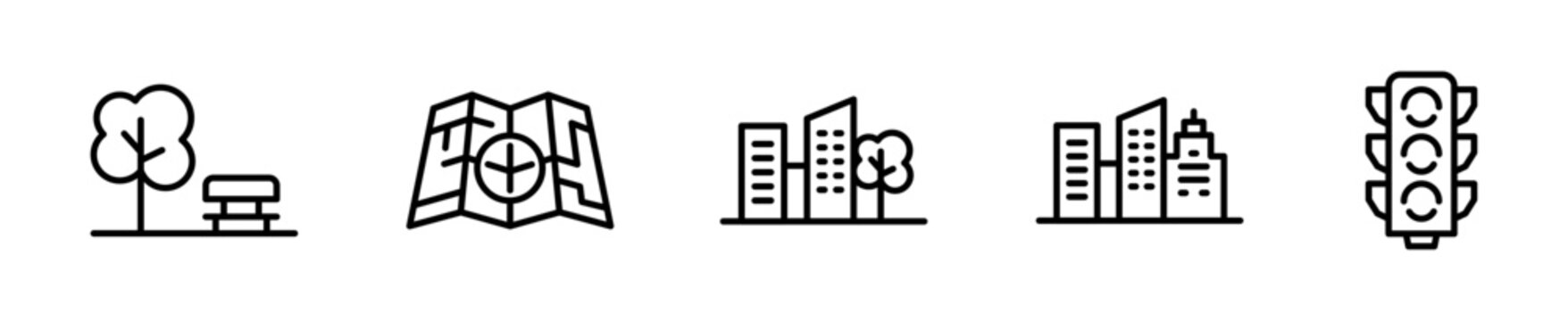Set de 5 iconos de ciudad y urbanismo. Parque con banco, plano urbano, edificio con &aacute;rbol, skyline de ciudad y sem&aacute;foro. Dise&ntilde;o vectorial lineal
