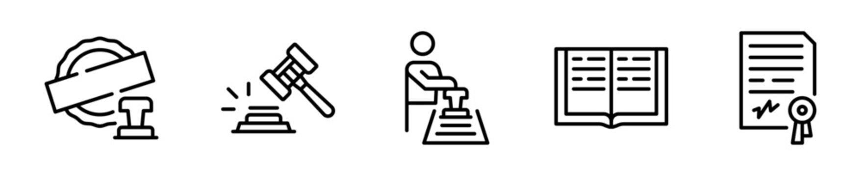 Set de 5 iconos de notario. Sello notarial, mazo con base, notario firmando, libro notarial y escritura con sello. Dise&ntilde;o vectorial lineal