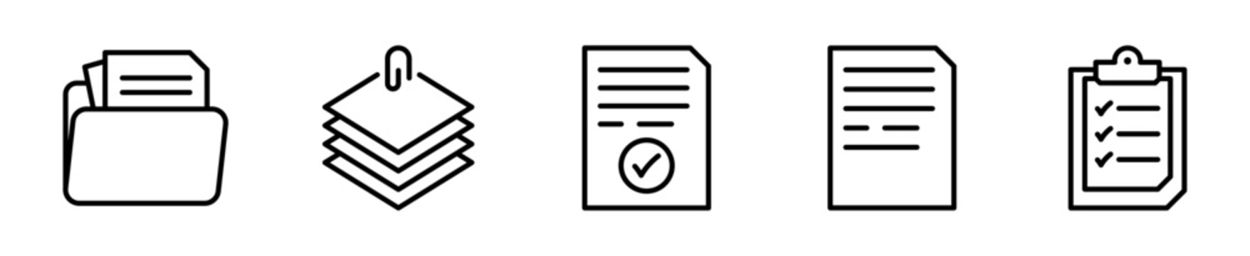 Set de 5 iconos de documento. Carpeta de archivo, expediente apilado, documento con verificaci&oacute;n, hoja de papel y portapapeles. Dise&ntilde;o vectorial lineal