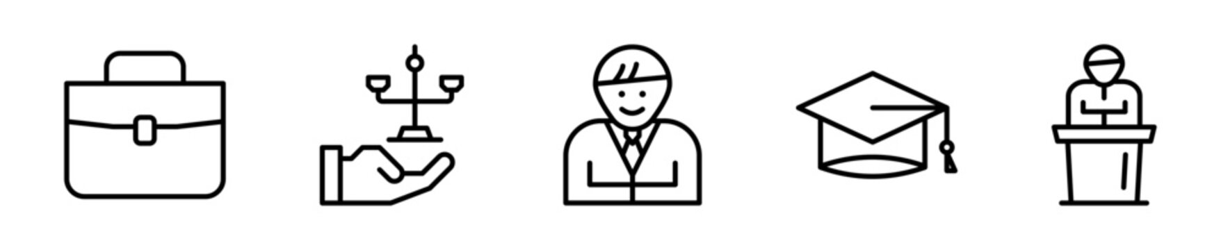 Set de 5 iconos de abogado. Malet&iacute;n, mano con balanza, abogado, birrete de graduaci&oacute;n y juez en estrado. Dise&ntilde;o vectorial lineal