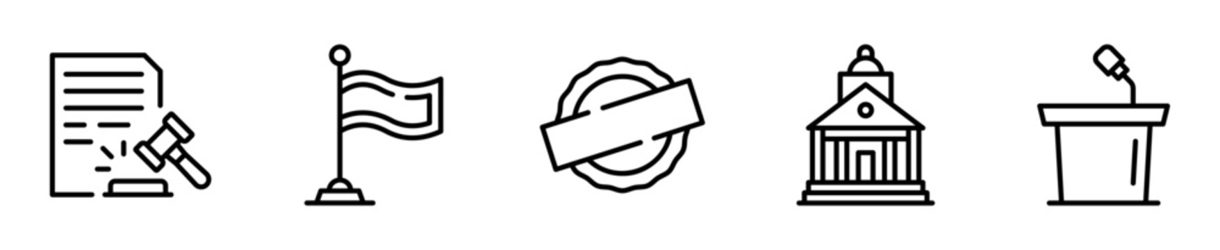 Set de 5 iconos de gobierno y estado. Documento con mazo, bandera, sello oficial, edificio de gobierno y podio de discurso. Dise&ntilde;o vectorial lineal