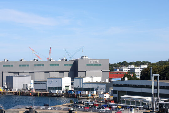 Kiel, Germany - 12. August 2026: TKMS shipyard in Kiel, Germany, building ships