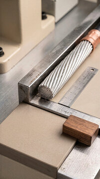 Stranded aluminum conductor power cable on industrial inspection workbench. Vertical close up of twisted metal wire bundle with steel ruler for electrical engineering and quality control test
