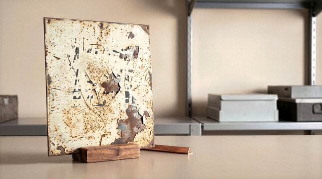 Vintage rusted tin sign plate with peeling cream paint on wooden stand. Old weathered square metal sheet surface with rust and corrosion for industrial display and decorative background concept