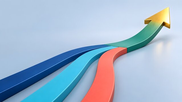 Three colored paths merging into a single golden upward pointing arrow representing teamwork strategy and financial growth