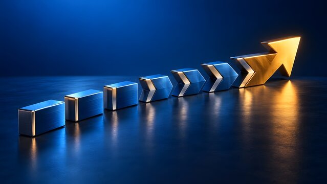 Metallic blue 3D arrows transforming and rising towards a glowing golden arrow symbolizing business innovation and progressive growth