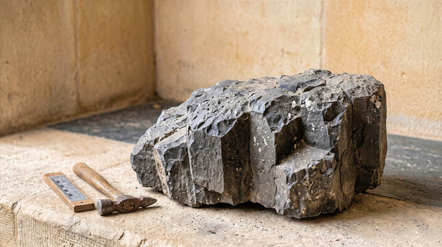 Chiseled dark basalt mineral stone rock sample on workbench with geology hammer and scale ruler. Geological research, mineralogy study, archaeological excavation and rock texture concept