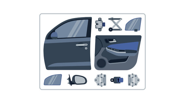 Set of automotive car door components and parts.