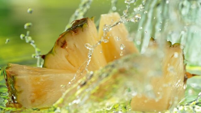 Super Slow Motion Shot of Fresh Pineapple Falling into Water and Making Splash at 1000fps.