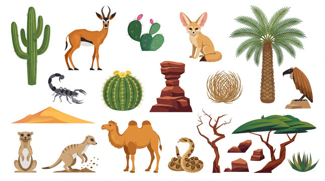 Desert animals and nature set with camel, fennec fox, meerkat, gazelle, rattlesnake, scorpion, cactus, and palm tree isolated on white background vector illustration