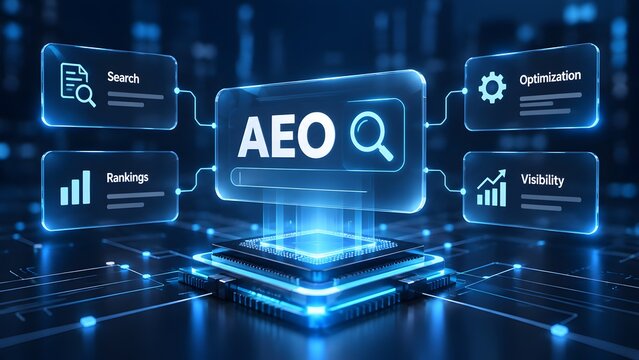 Glowing microchip interface displaying AEO text with search optimization rankings and visibility panels representing digital marketing strategy