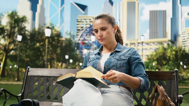 Casually dressed woman reads an open book and drinks coffee on a wooden bench in an urban park, portraying concentration, calm, mindful leisure and relaxed outdoor reading recreation time.