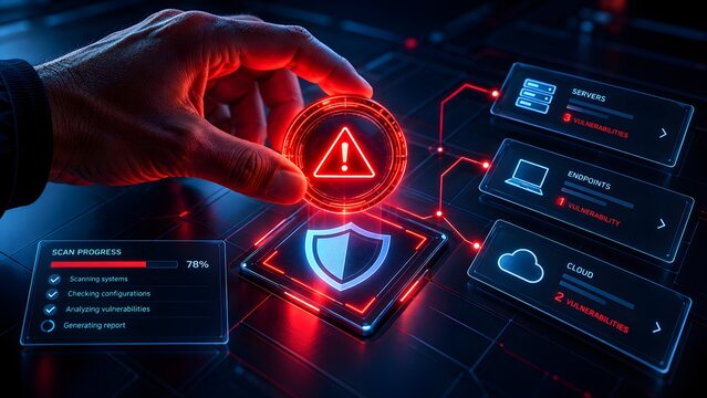 Hand touching a red warning alert on a digital cybersecurity dashboard displaying system vulnerabilities, scan progress, and server endpoints
