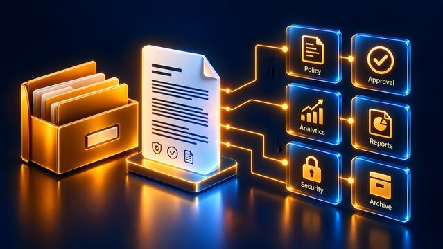 Golden filing box and digital document connected to policy, approval, analytics, reports, security, and archive interface nodes