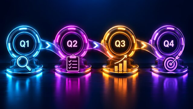 Connected 3D neon pedestals illustrating a four-quarter business progress timeline with Q1, Q2, Q3, and Q4 strategic icons