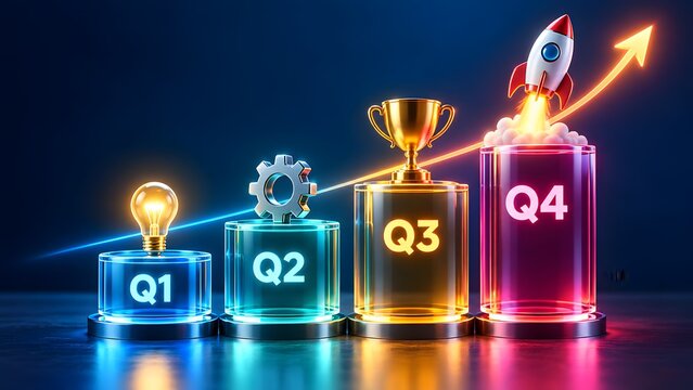 3D transparent glass cylinder chart representing quarterly business growth phases from Q1 idea to Q4 rocket launch success