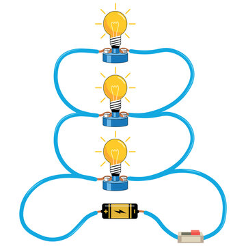 three Lit Light Bulbs Connected in a Parallel Circuit With Battery and Switch Illustration