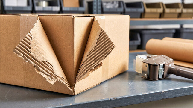 Torn corrugated cardboard box showing fluted inner core on packing workstation table. Damaged parcel container with tape dispenser gun in warehouse shipping logistics facility background