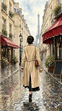 Elegant Woman Strolling Paris Street with Eiffel View