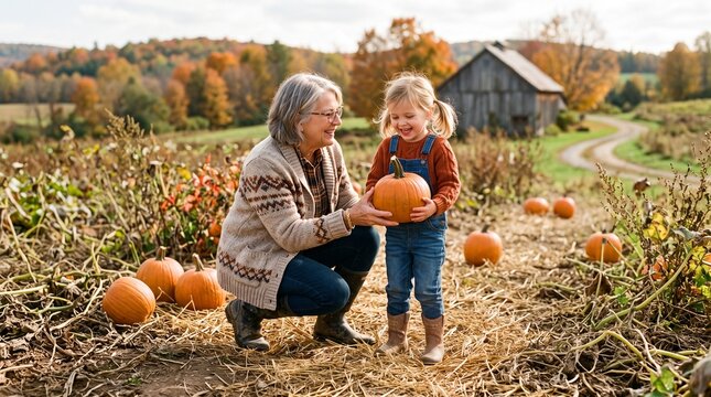 Happy Grandmother and Granddaughter Picking Pumpkins at Autumn Farm Patch